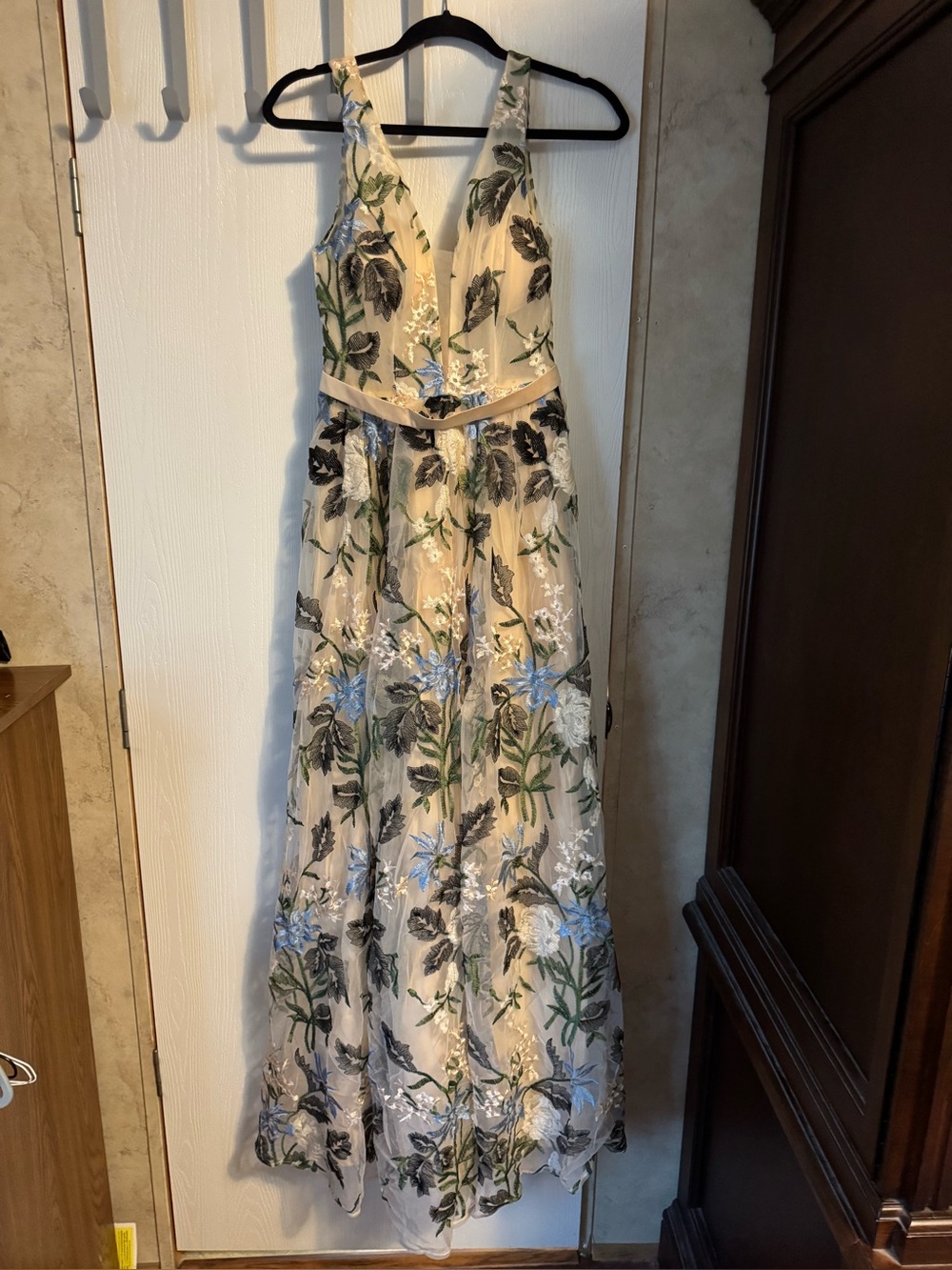 Sleeveless V-Neck Embroidered Maxi Dress in Ivory with Blue Floral Accents